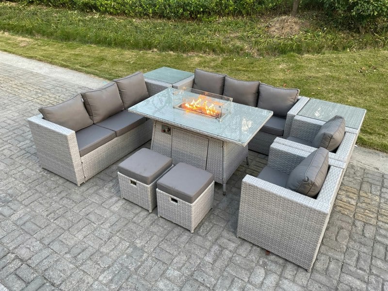 Fimous Rattan Outdoor Garden Furniture Set with Gas Fire Pit Table, 2 Sofas, 2 Side Tables, 2 Chairs, 2 Foot Stools - 10 Seater - Light Grey