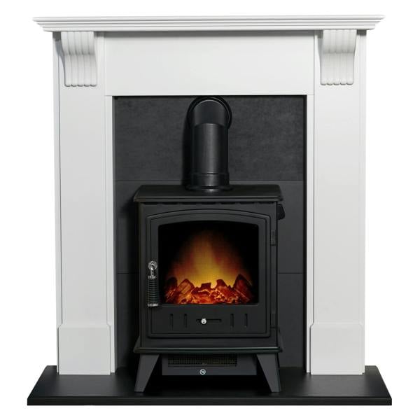 Adam Harrogate Stove Fireplace in Pure White & Black with Adam Aviemore Electric Stove in Black, 39 Inch
