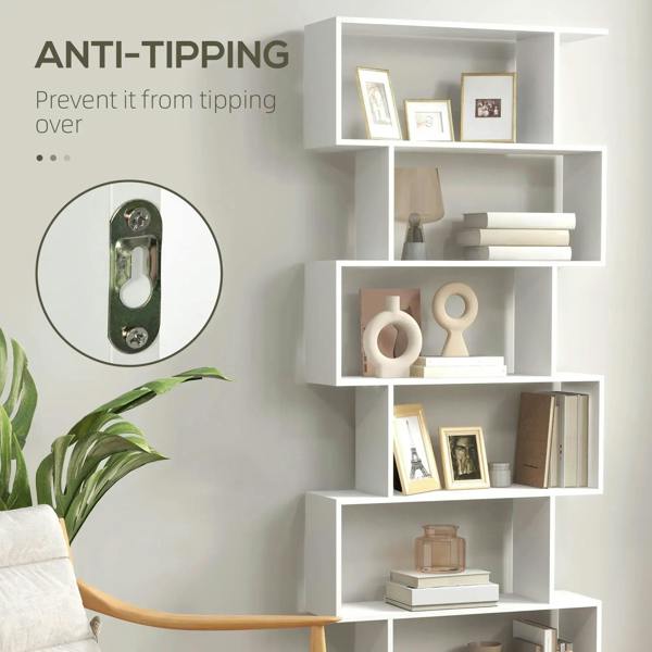 White S-shaped 6-tier bookshelf with anti-tipping bracket and open display shelves