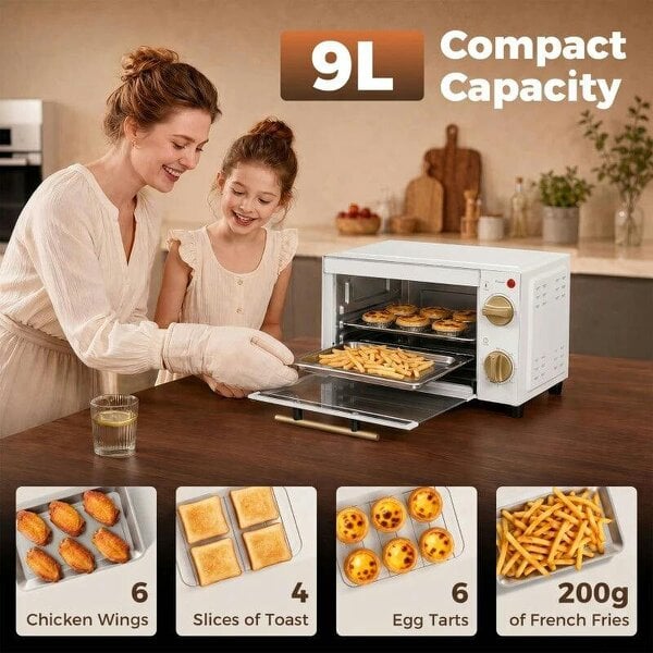 Mini Oven, 9L Countertop Electric Grill, Toaster Oven with Adjustable Temperature and Timer, 750W, White