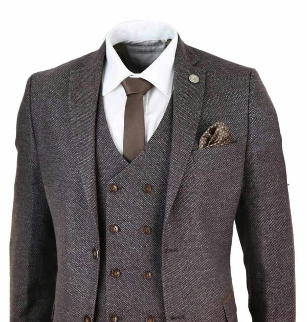 TruClothing Mens Brown Wool 3 Piece Suit Double Breasted Tweed Peaky Blinders 1920