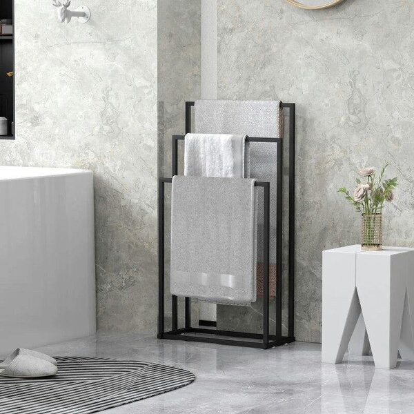 Freestanding Towel Rack, Steel Towel Rail Holder with 3 Bars, Black