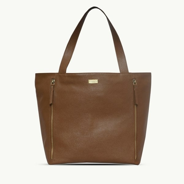 Assots London 'CORDER' Tan Pebble Grain Real Leather Oversized Tote Bag