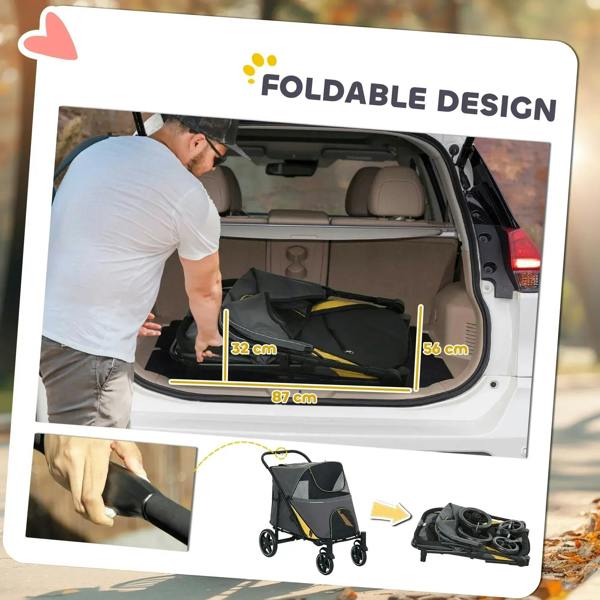 Foldable pet stroller showing folded setup in car trunk, dark grey