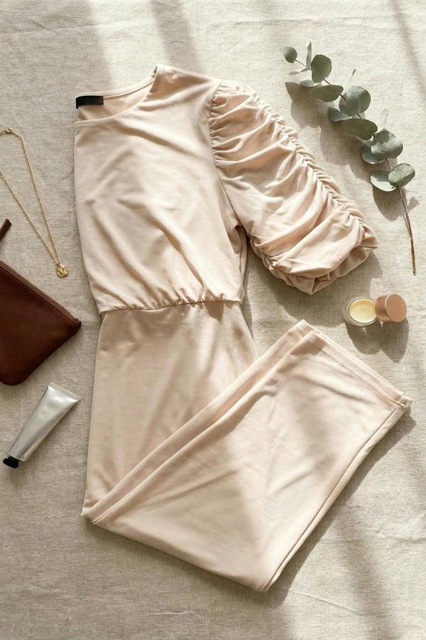 Elvira Ruched Short Sleeve Maxi Dress With Draped Bodice - Beige