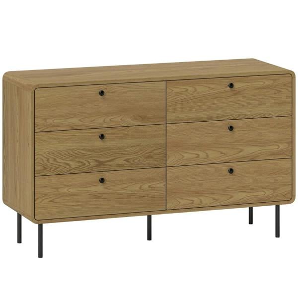 Oak 6-drawer dresser with oak wood grain, black knobs, and black tapered legs