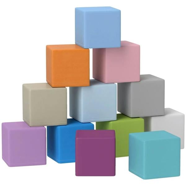Assorted soft foam building blocks, includes blue cube blocks for stacking