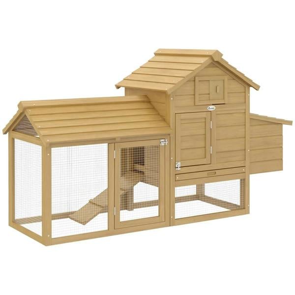 Small wooden chicken coop with run, mesh sides, door access, and upper nesting box