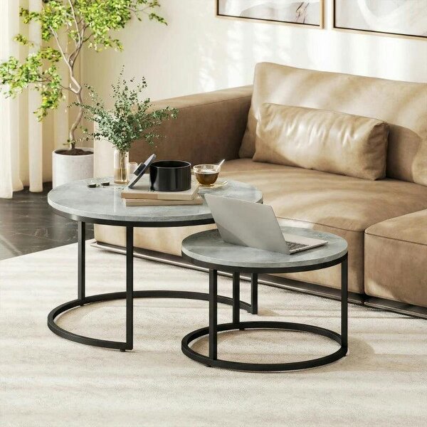 Set of Two Marble-Effect Stacking Tables - Grey - Marble Grey