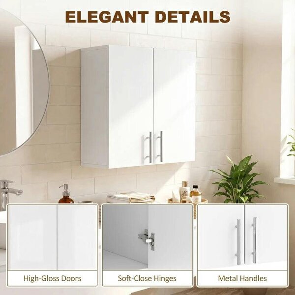 Bathroom Wall Cabinet, Wall-Mounted Bathroom Storage Cabinet with 2 Doors, Adjustable Shelf, High Gloss White