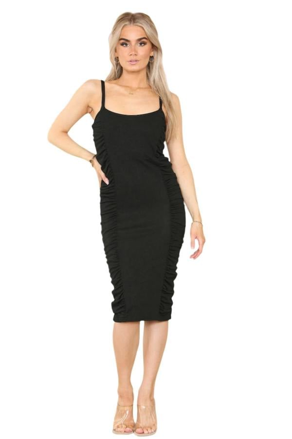 Elaina Fashion Black Ruched Bodycon Midi Dress – Sleek & Sculpting Fit