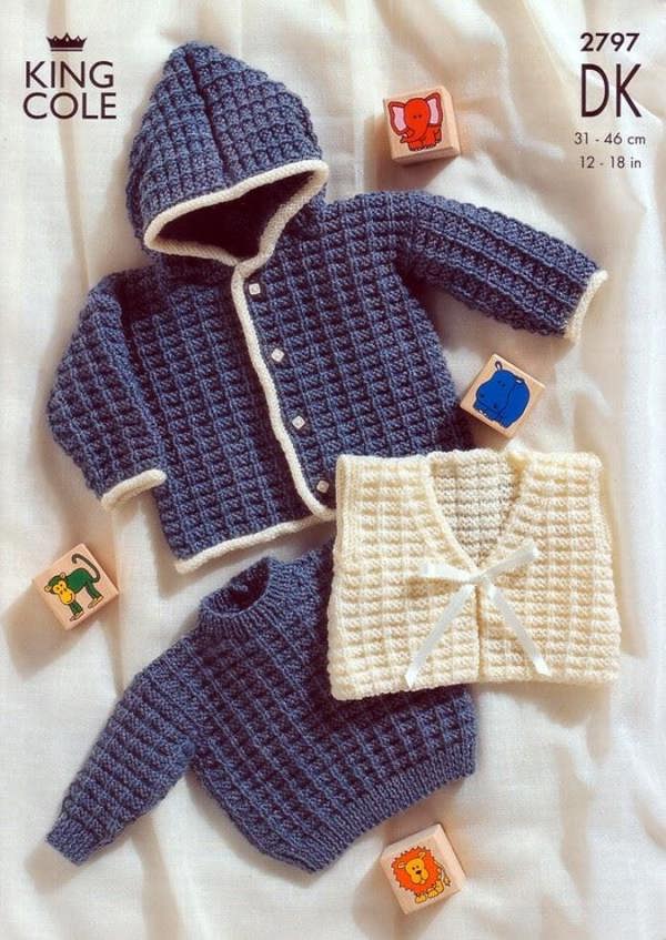 King Cole Baby Knitting Pattern 2797, Waistcoats, Jackets, Sweaters for Baby, 12 - 18 Inches - Intermediate