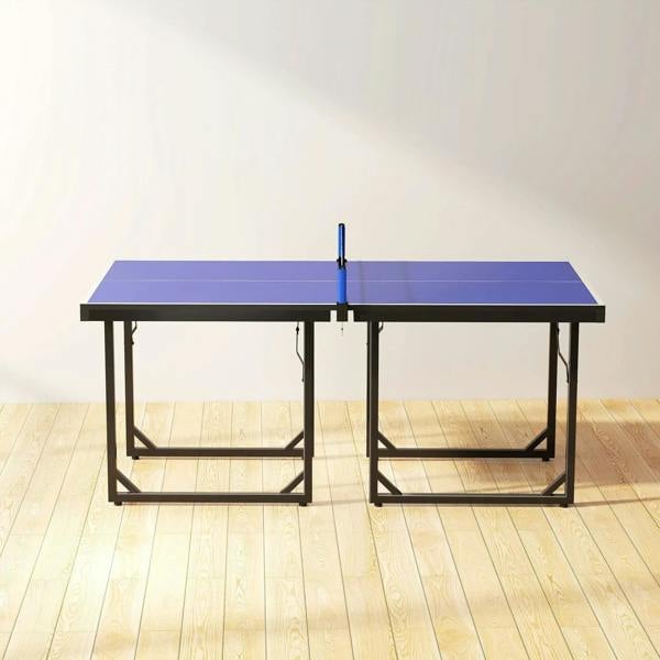Blue table tennis table with center net and black folding support legs, side-by-side