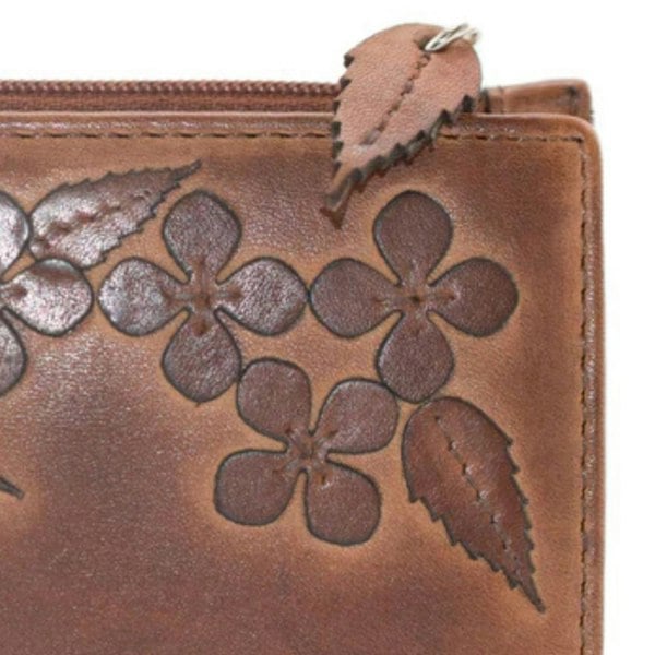 Mala Leather Wild Bloom Classic Floral Tan Leather Compact Purse