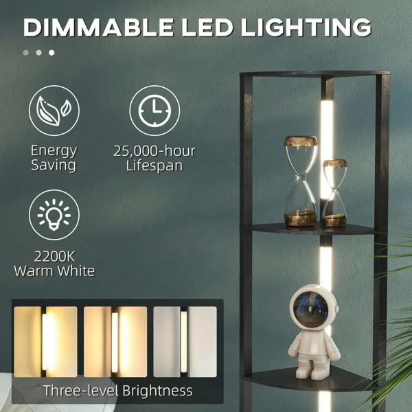Dimmable warm white LED floor lamp with tall black frame and three glowing shelves