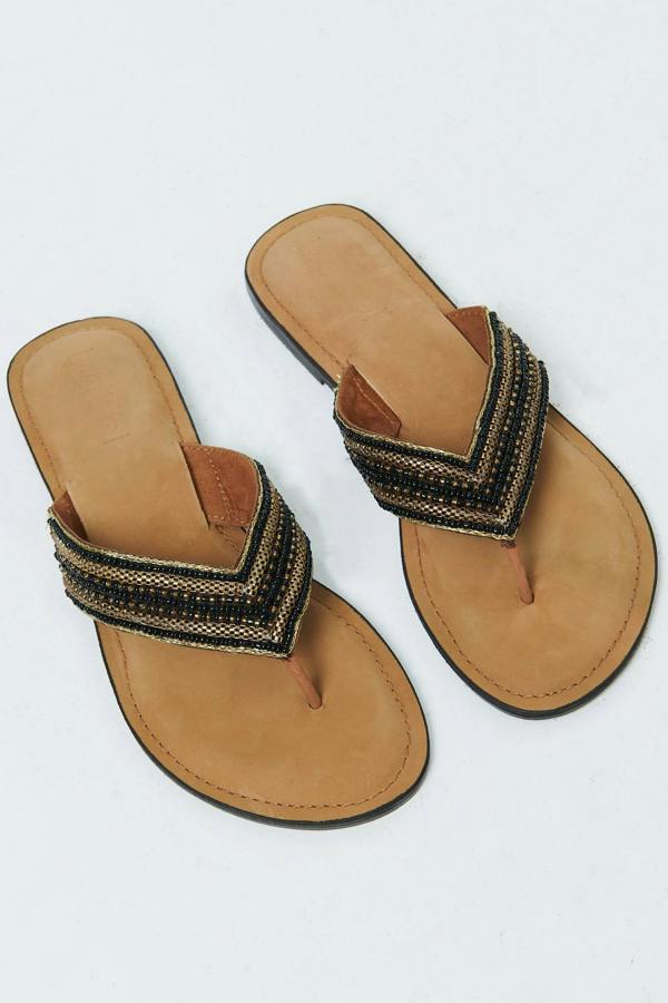Black | Faux Leather Beaded Detail Flat Sandals
