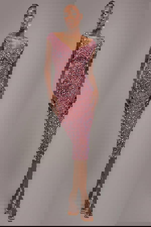 Multi Sequin & Velvet Bardot Midi Dress - Blush Pink DR3550
