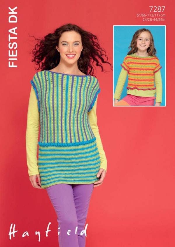 Hayfield Fiesta Knitting Pattern 7287, Tops for Kids, Women, 24 - 46 Inches - Advanced