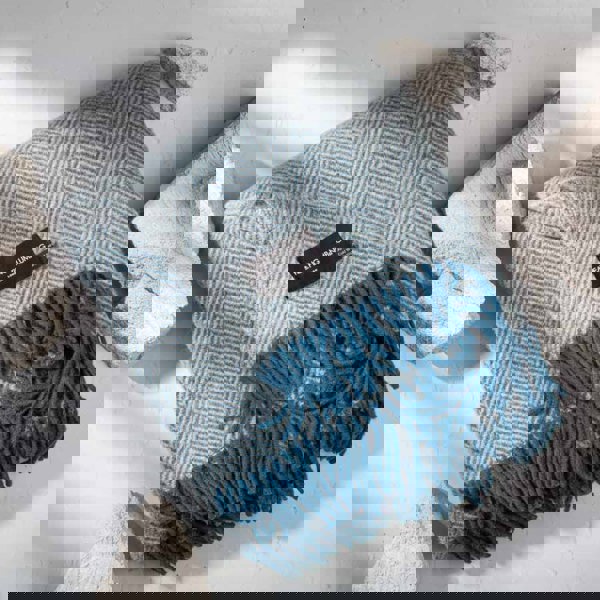 Evening Tales - Pure New Wool Blanket - Traditional Herringbone - Light Grey & Blue - Heating & Plumbing London - Throw
