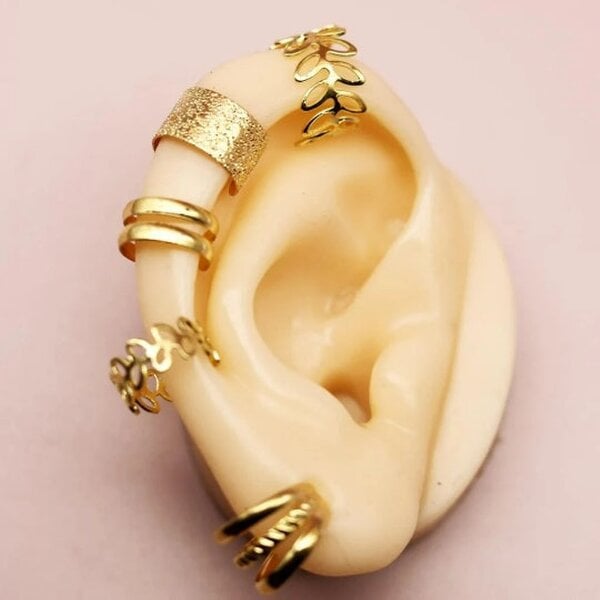 The Colourful Aura 5 Piece Gold Silver Slim Leaf Band Adjustable Wire Wrap Non Piercing Ear Cuff