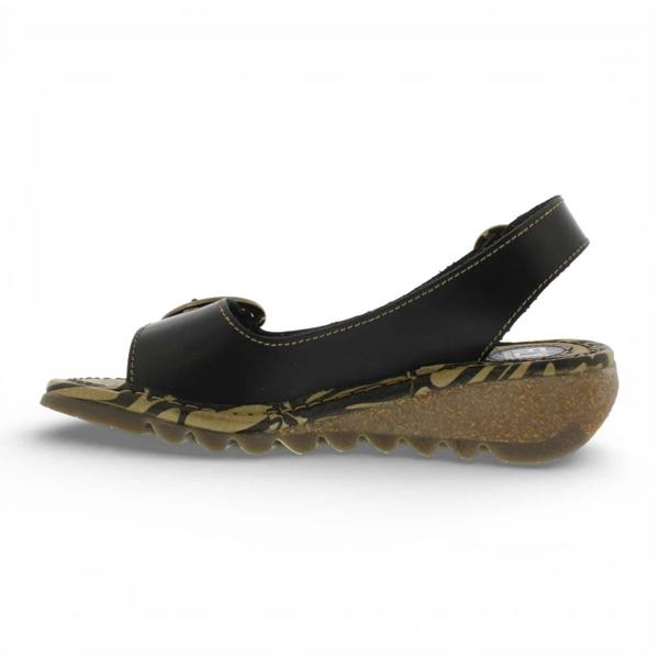 Fly London TRAM723FLY - Women’s Black Leather Wedge Sandals