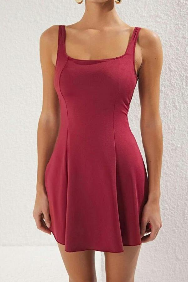 WOVCOR Plain Square Neck Covered Basic Skirt Swimsuit