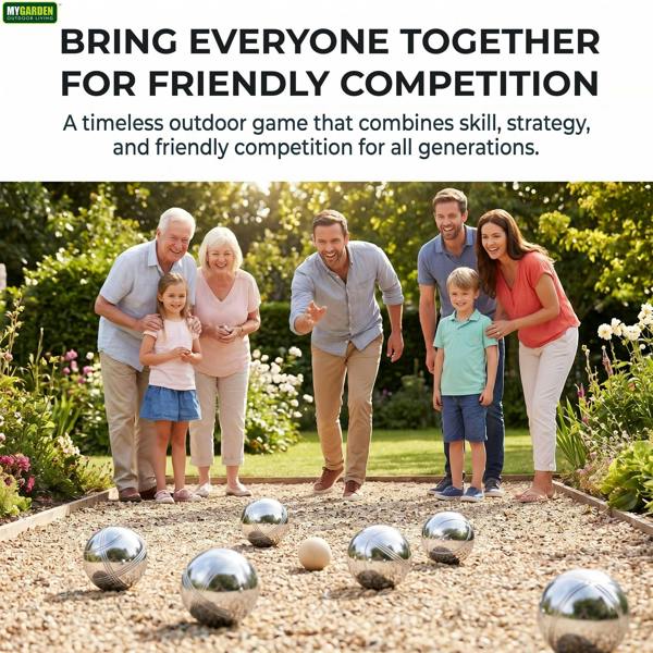 My Garden Outdoor Living French Boules Set - 8x Steel Bocce Ball with Wooden Jack. Measuring String & Zippered Carry Case For Garden Games