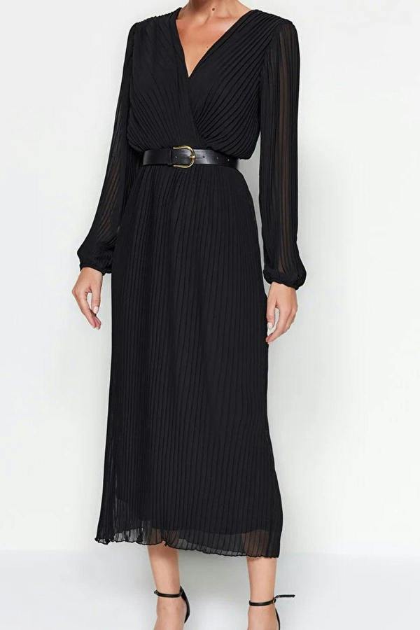 Belted A-Line Pleated Maxi Dress