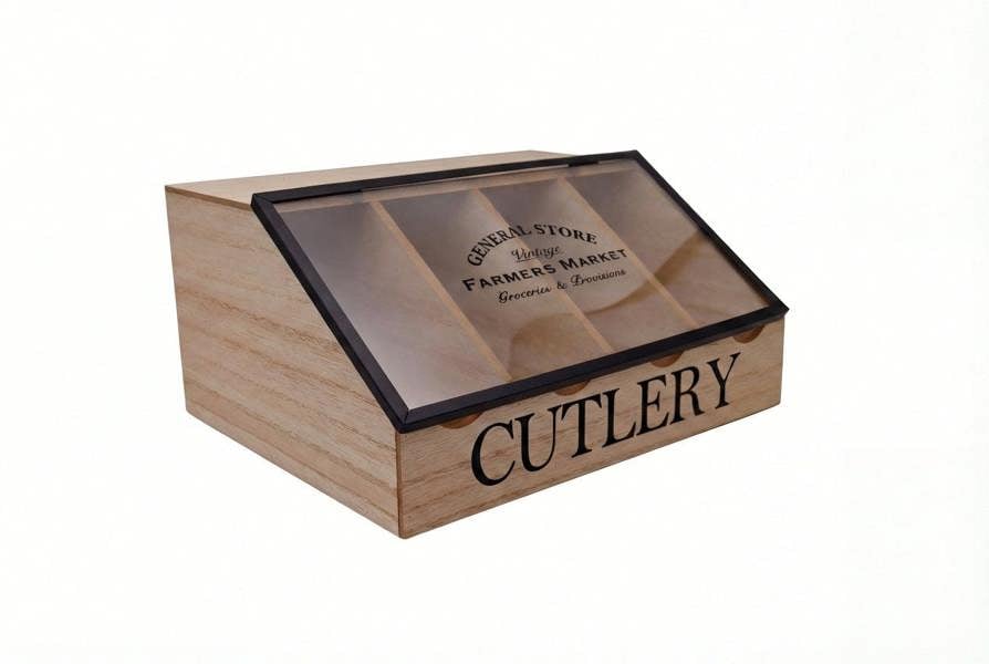 Wooden cutlery box with clear lid on a white background