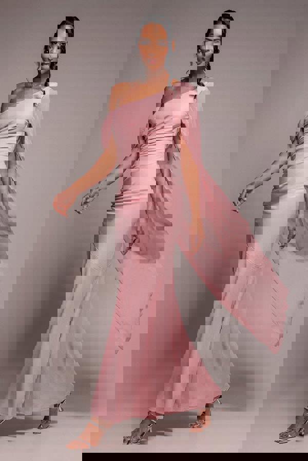 One Shoulder Cape Scuba & Chiffon Maxi Dress - Blush Pink DR4899