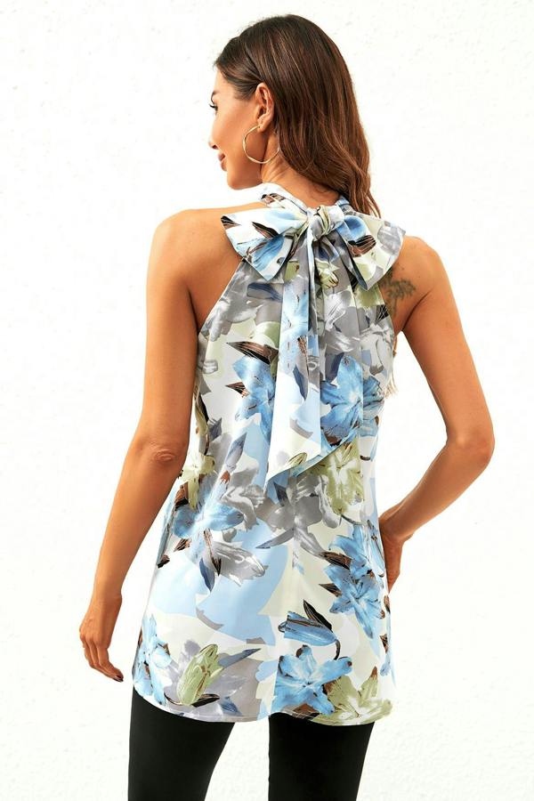 FS Collection Floral Print  Halter Neck Tie Back Top In Grey Blue