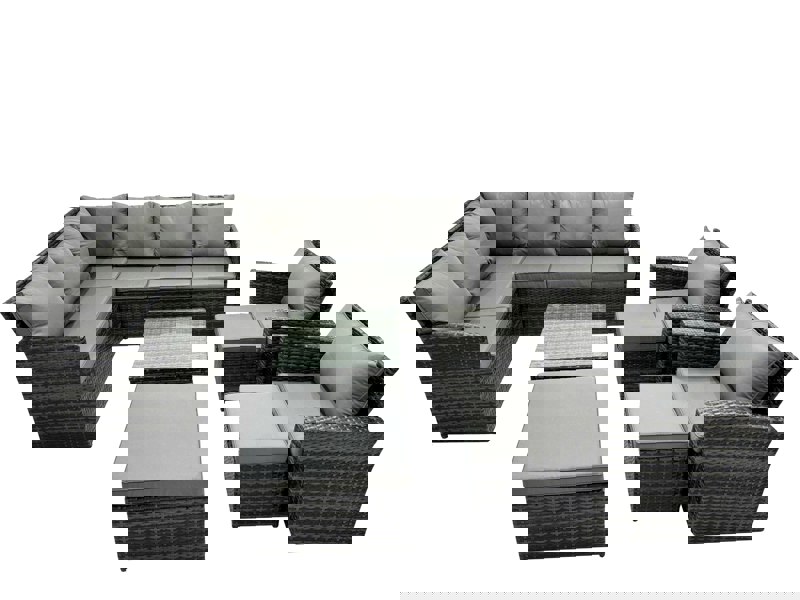 Fimous 11 Seat Poly Rattan Outdoor Patio Coffee Table Corner Sofa Sets with 3 Stools 2 Chairs for Garden Backyard Dark Grey Mixed