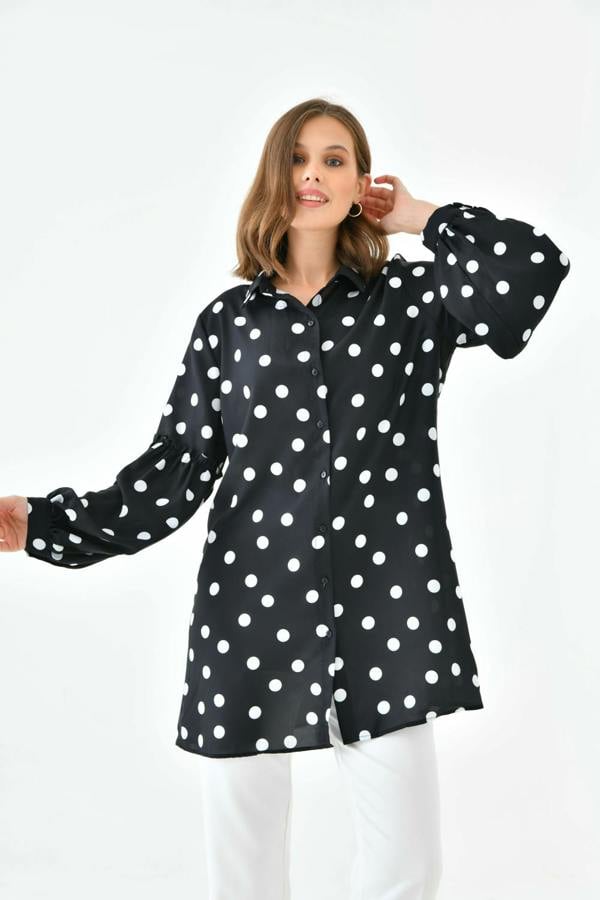 Hoxton Gal Oversized Balloon Sleeves Shirt Tunic with Polka Dot Print in Black and White