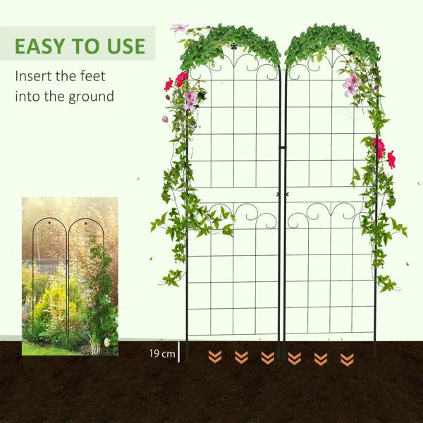 Black metal trellis with arched grid panels, decorated with climbing vines; 19 cm ground feet shown