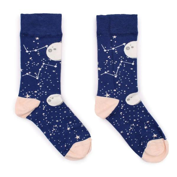 Dark blue bamboo crew socks with moon and star print, gray bunny face