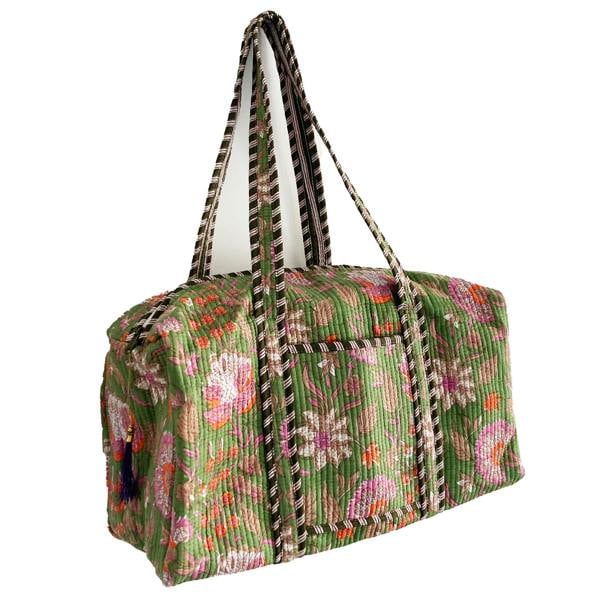 Hayley & Co Green Floral Block Print Cotton Quilted Weekend Duffle Bag