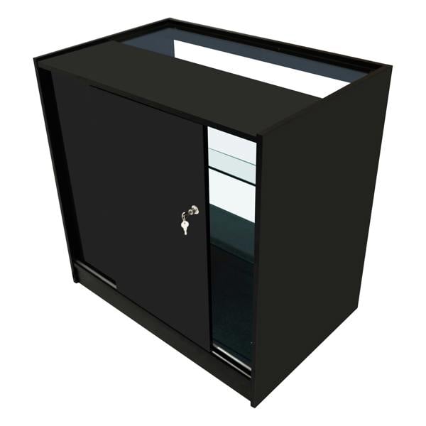 Vega LED Shop Counter Set in black featuring a sleek design, sliding door, glass shelves, and a modern finish ideal for retail displays