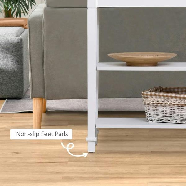White console table leg with non-slip foot pad, showing open shelf section