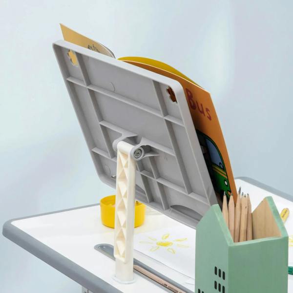 Grey kids desk reading board with back organizer tray and pen holder