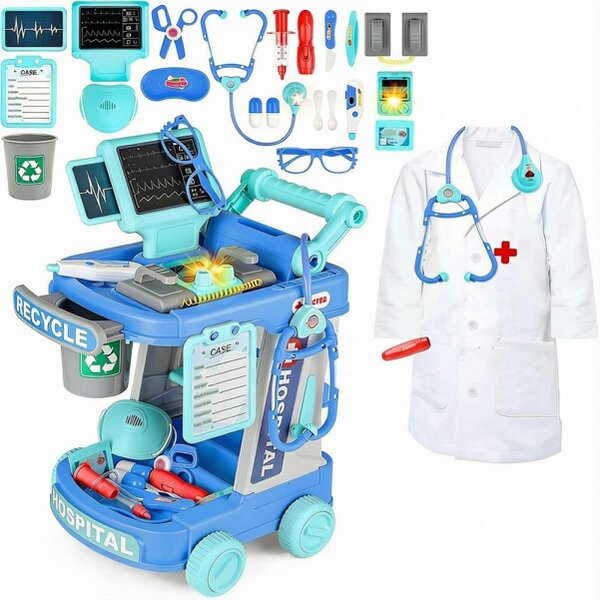 deAO Toys Multi-purpose Doctors Trolley Set for Kids Medical Centr Playsets Medical Tools Role Play Toy Educational Doctor Playset - 3+ - blue