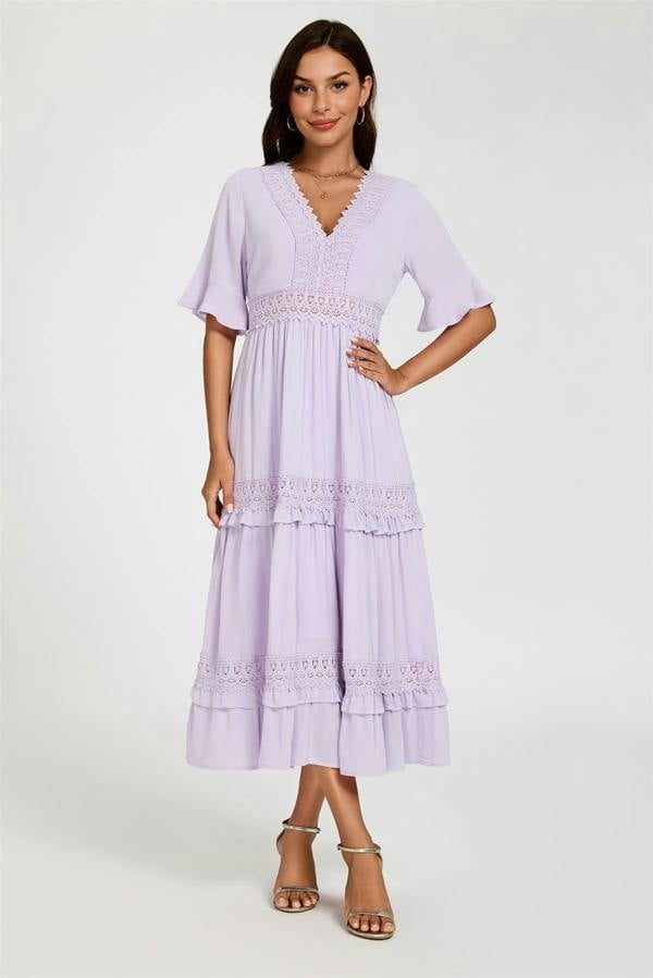 FS Collection V Neck Lace Detail Midi Dress In Purple