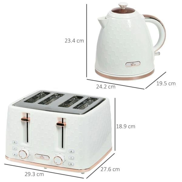 White electric kettle and four-slice toaster set shown with size guide outlines