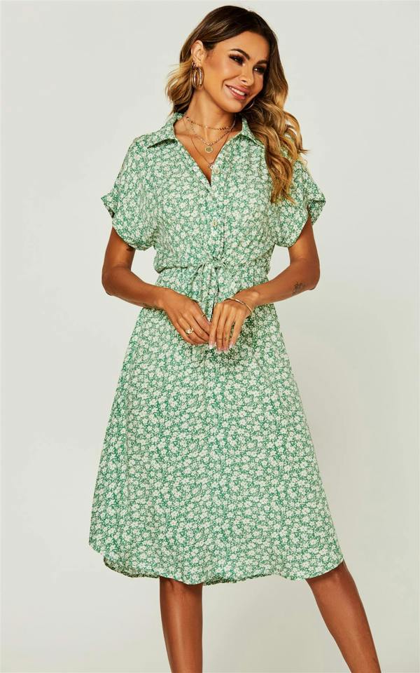 FS Collection Relaxed Floral Print Button Down Midi Shirt Dress In Green