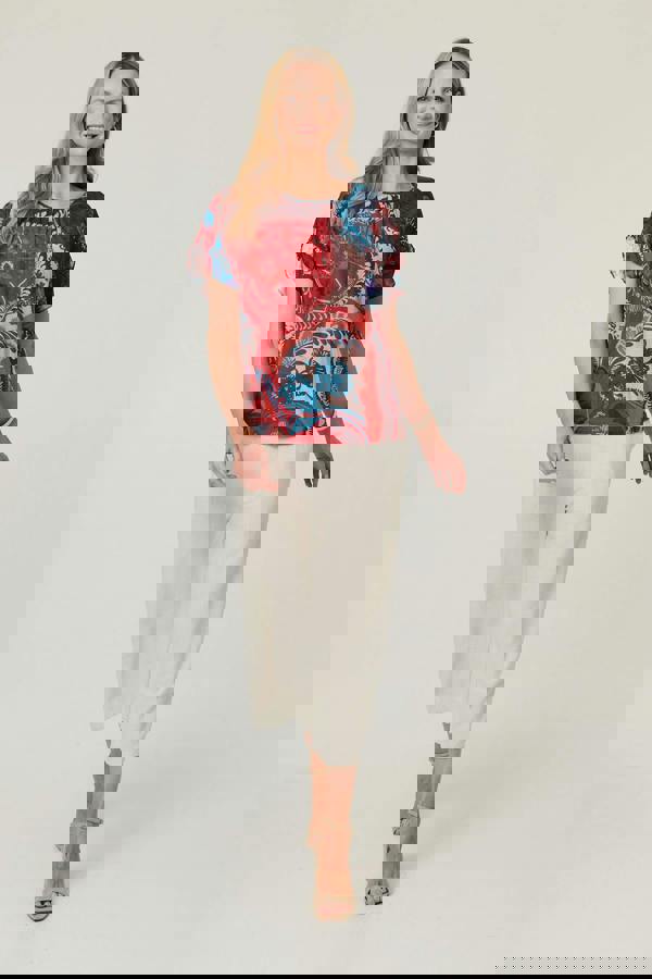 Red | Floral Short Angel Sleeve Ruched Blouse
