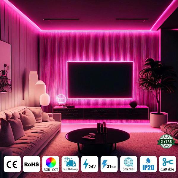 ENER-J 24V RGB+CCT COB LED Strip Lights, 5 Meter Roll (With Power Supply and Remote Controller)