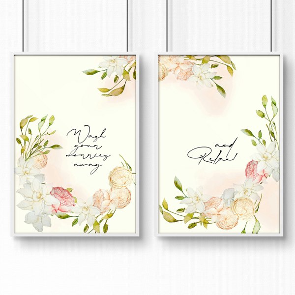 Bathroom art prints | Set of 2 Pink blooms wall art