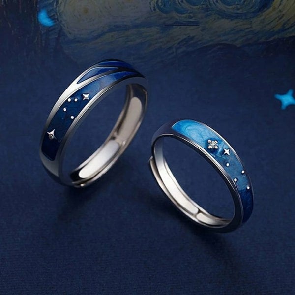 The Colourful Aura Silver Blue Star Couple Space Adjustable Promise Ring Set