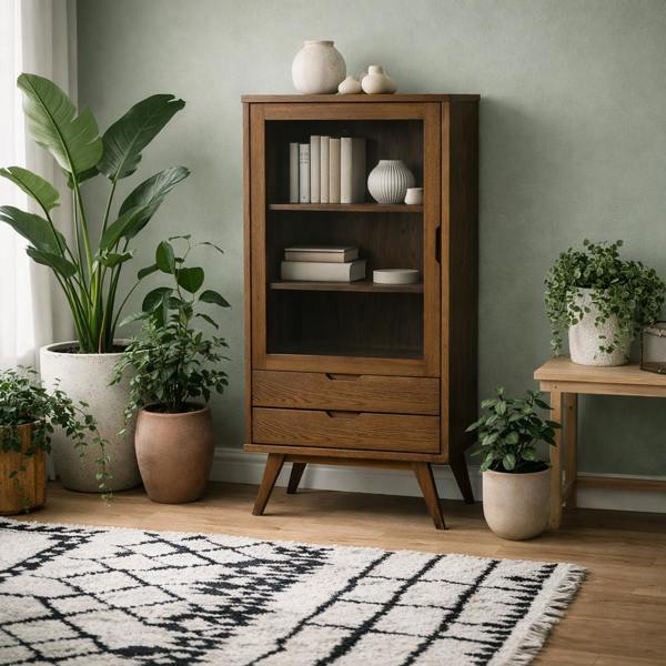 Wyld Haus Kotka Dark Oak Wood Display Cabinet 2 Drawers 2 Shelves