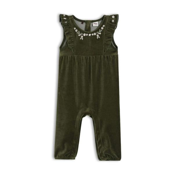 Mini Cuddles Baby Girls Floral Embroidered Dungaree 3pc Set, Green