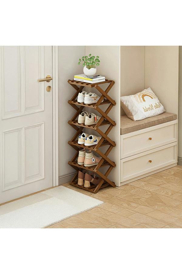 Living and Home 6 Tier Bamboo Folding Shoe Rack Shoe Storage Organiser - Walnut
